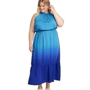 Knox Rose Blue Ombré Tiered Midi Dress A-Line Halter Tie Back Women's size 3X
